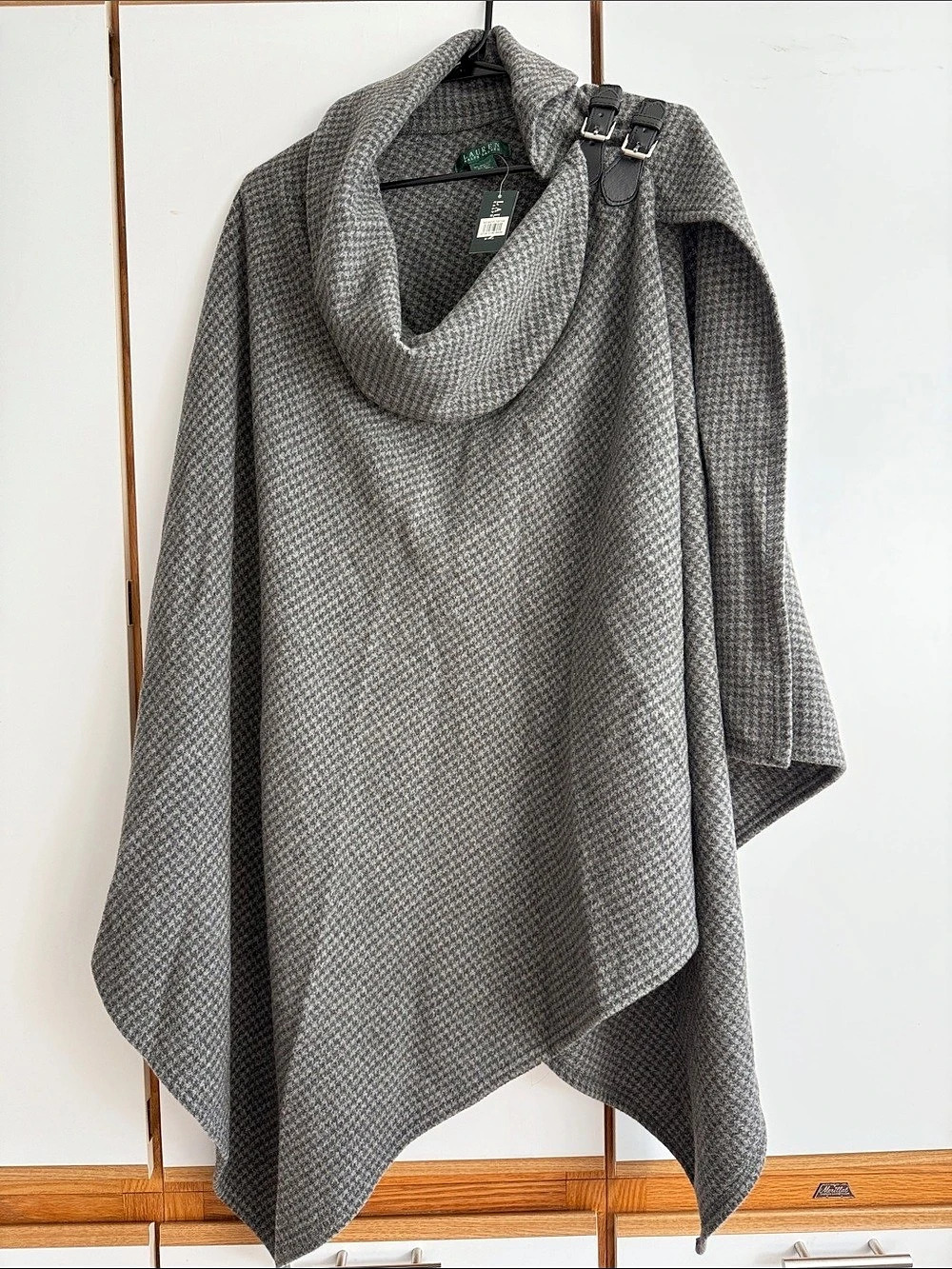 Lauren Ralph Lauren Hounds-Tooth Wool Blend Cowl Neck Poncho Wrap Gray